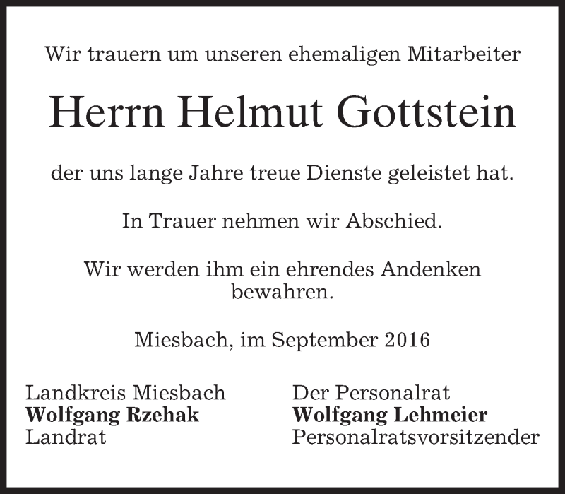  Traueranzeige für Helmut Gottstein vom 28.09.2016 aus merkurtz