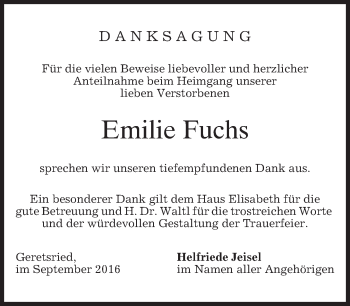 Traueranzeige von Emilie Fuchs von merkurtz