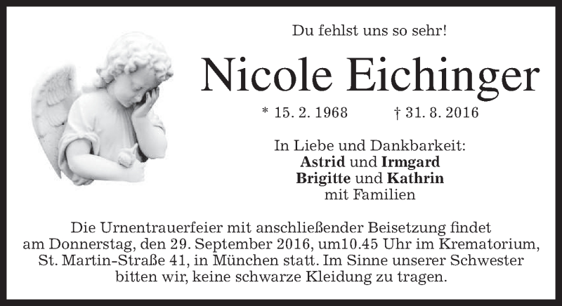  Traueranzeige für Nicole Eichinger vom 24.09.2016 aus merkurtz