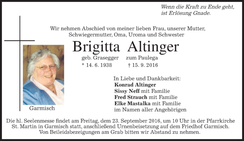  Traueranzeige für Brigitta Altinger vom 20.09.2016 aus merkurtz