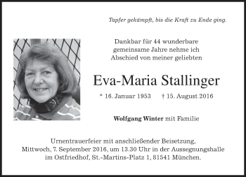 Traueranzeige von Eva-Maria Stallinger von merkurtz