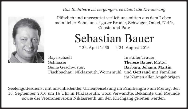  Traueranzeige für Sebastian Bauer vom 13.09.2016 aus merkurtz
