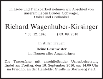 Traueranzeige von Richard Wagenhuber-Kirsinger von merkurtz