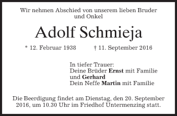 Traueranzeige von Adolf Schmieja von merkurtz
