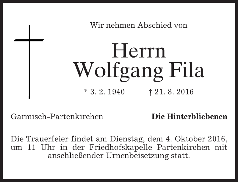  Traueranzeige für Wolfgang Fila vom 01.10.2016 aus merkurtz