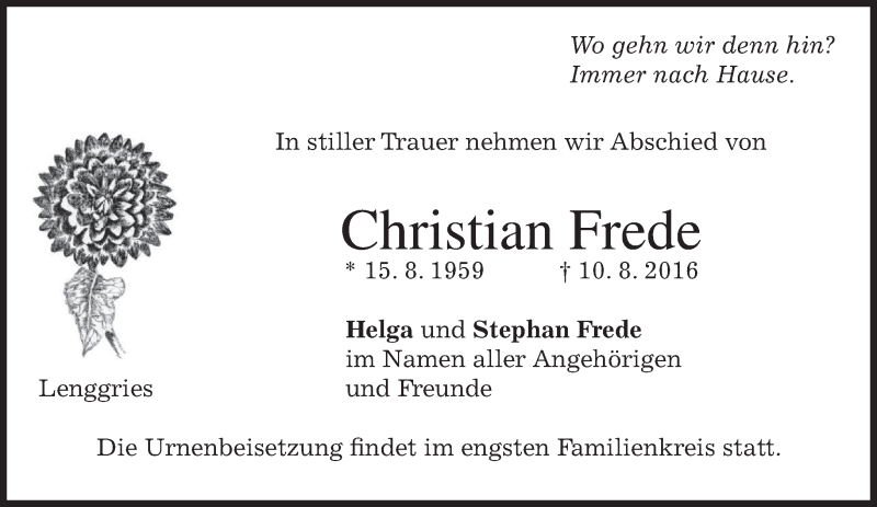  Traueranzeige für Christian Frede vom 03.09.2016 aus merkurtz