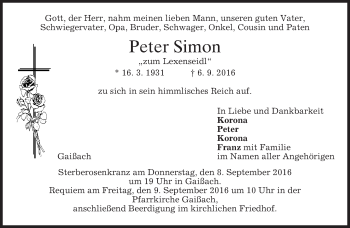 Traueranzeige von Peter Simon von merkurtz