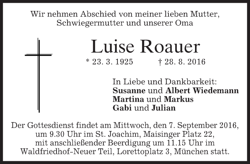  Traueranzeige für Luise Roauer vom 03.09.2016 aus merkurtz