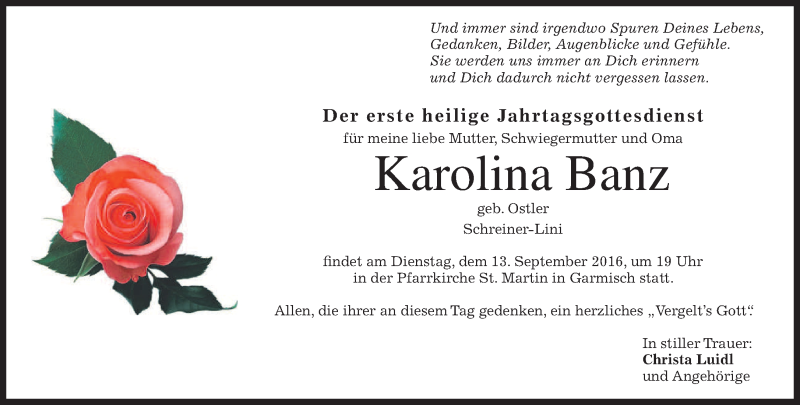  Traueranzeige für Karolina Banz vom 10.09.2016 aus merkurtz