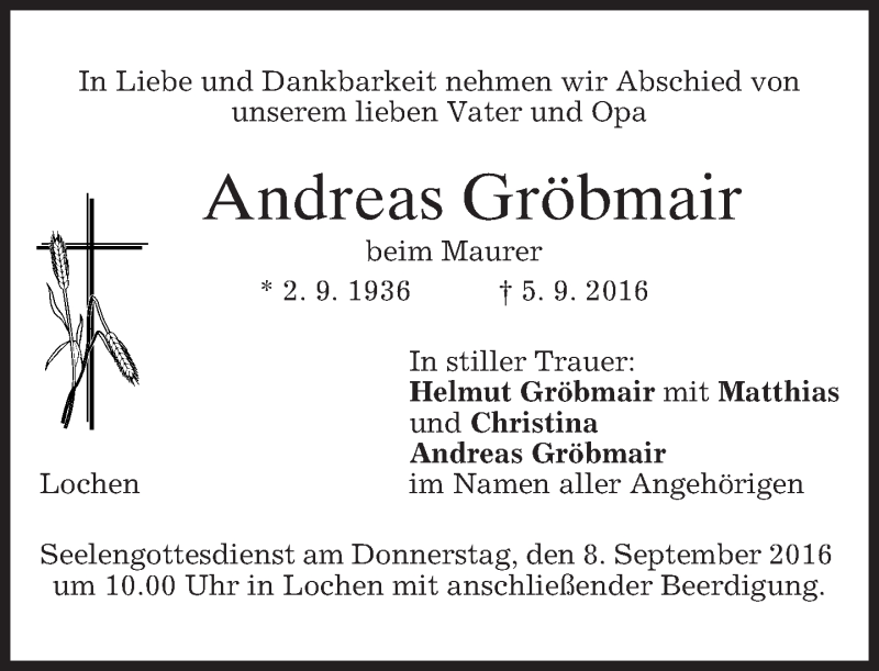  Traueranzeige für Andreas Gröbmair vom 07.09.2016 aus merkurtz