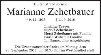Traueranzeige von Marianne Zehetbauer von merkurtz