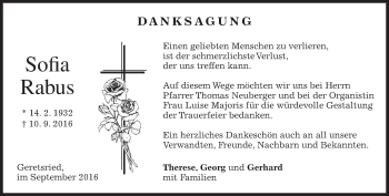 Traueranzeige von Sofia Rabus von merkurtz