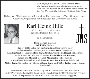 Traueranzeige von Karl Heinz Hille von merkurtz