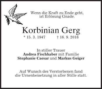 Traueranzeige von Korbinian Gerg von merkurtz