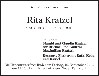 Traueranzeige von Rita Kratzel von merkurtz