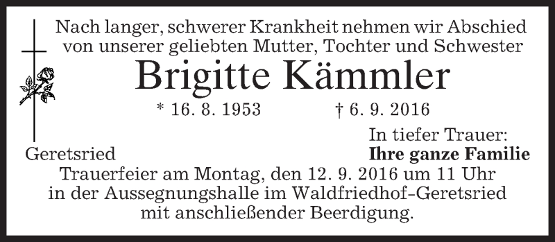  Traueranzeige für Brigitte Kämmler vom 10.09.2016 aus merkurtz