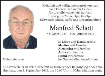 Traueranzeige von Manfred Schott von merkurtz