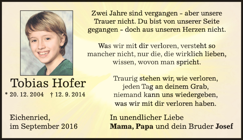  Traueranzeige für Tobias Hofer vom 12.09.2016 aus merkurtz