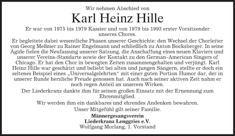  Traueranzeige für Karl Heinz Hille vom 15.09.2016 aus merkurtz