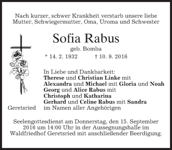 Traueranzeige von Sofia Rabus von merkurtz
