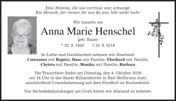 Traueranzeige von Anna Marie Henschel von merkurtz