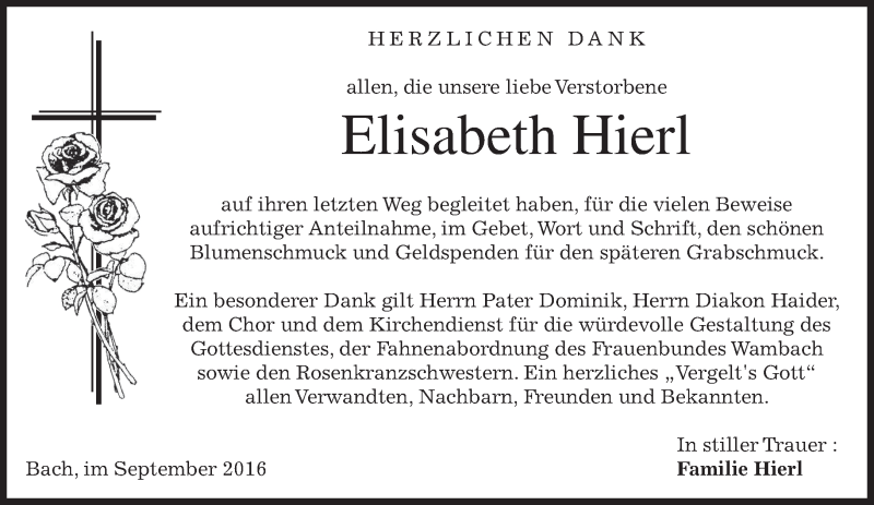  Traueranzeige für Elisabeth Hierl vom 10.09.2016 aus merkurtz