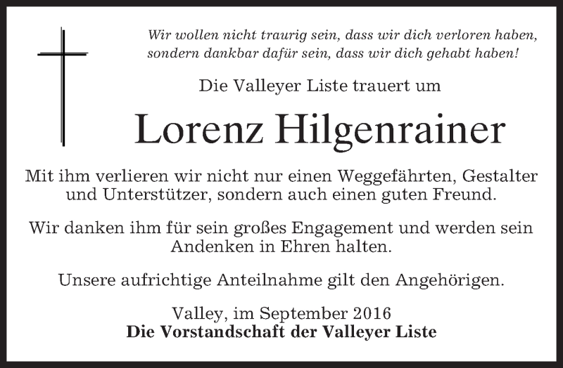  Traueranzeige für Lorenz Hilgenrainer vom 09.09.2016 aus merkurtz