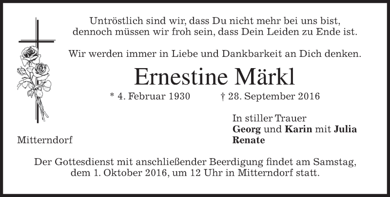  Traueranzeige für Ernestine Märkl vom 29.09.2016 aus merkurtz