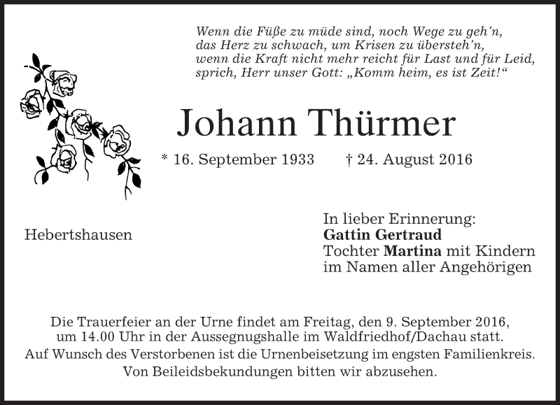  Traueranzeige für Johann Thürmer vom 06.09.2016 aus merkurtz