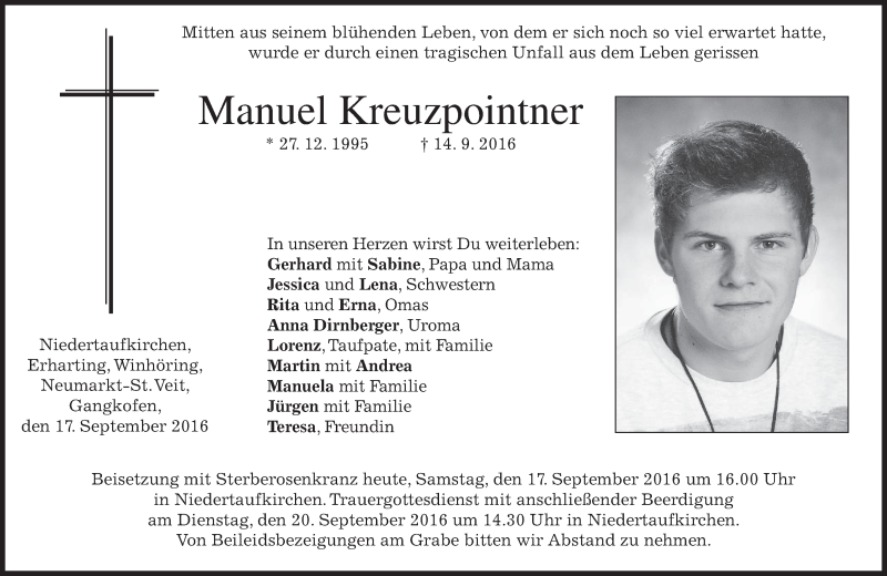  Traueranzeige für Manuel Kreuzpointner vom 17.09.2016 aus merkurtz
