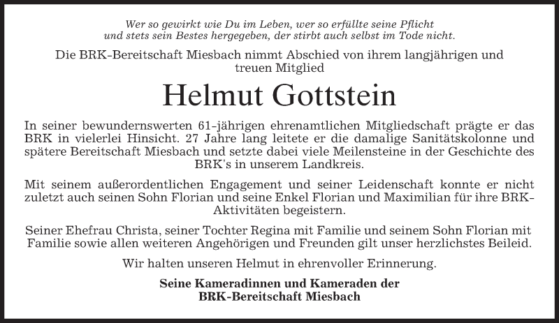  Traueranzeige für Helmut Gottstein vom 28.09.2016 aus merkurtz