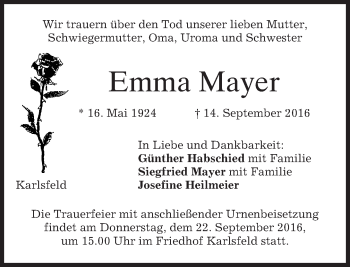 Traueranzeige von Emma Mayer von merkurtz