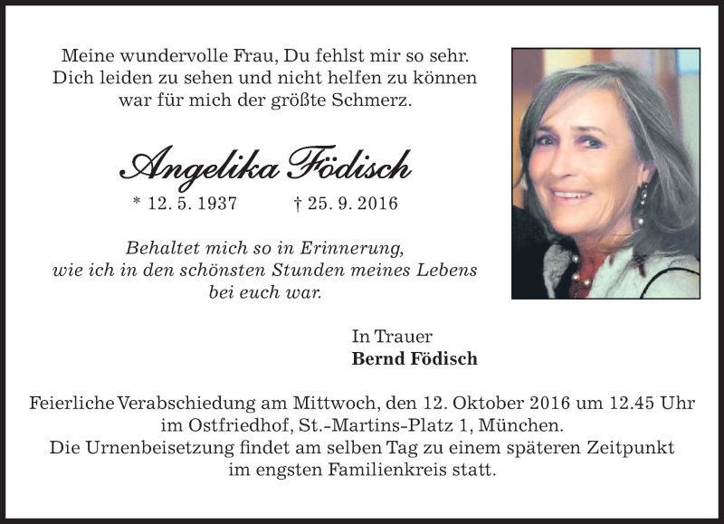  Traueranzeige für Angelika Födisch vom 01.10.2016 aus merkurtz