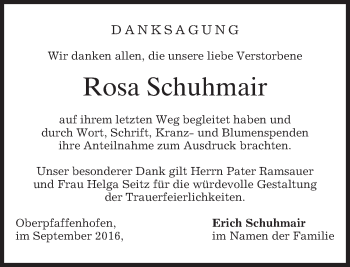 Traueranzeige von Rosa Schuhmair von merkurtz
