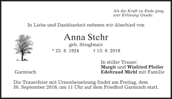 Traueranzeige von Anna Stehr von merkurtz