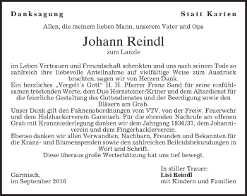 Traueranzeige von Johann Reindl von merkurtz