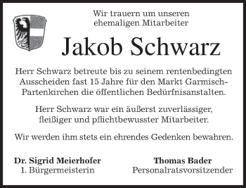 Traueranzeige von Jakob Schwarz von merkurtz