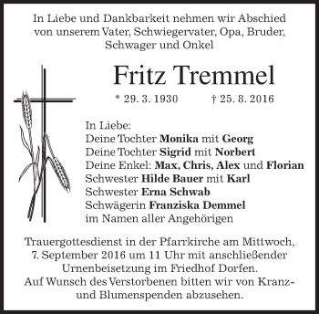 Traueranzeige von Fritz Tremmel von merkurtz