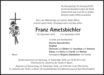 Traueranzeige von Franz Ametsbichler von merkurtz