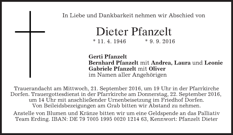  Traueranzeige für Dieter Pfanzelt vom 17.09.2016 aus merkurtz