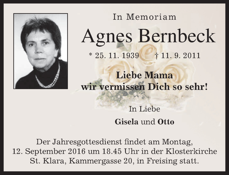  Traueranzeige für Agnes Bernbeck vom 10.09.2016 aus merkurtz