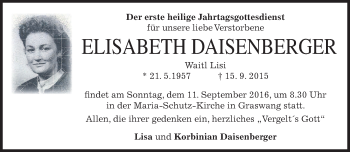 Traueranzeige von Elisabeth Daisenberger von merkurtz