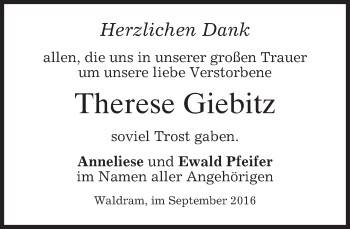 Traueranzeige von Therese Giebitz von merkurtz