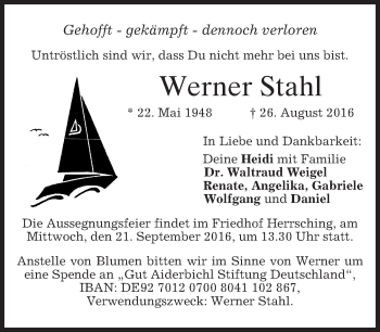Traueranzeige von Werner Stahl von merkurtz