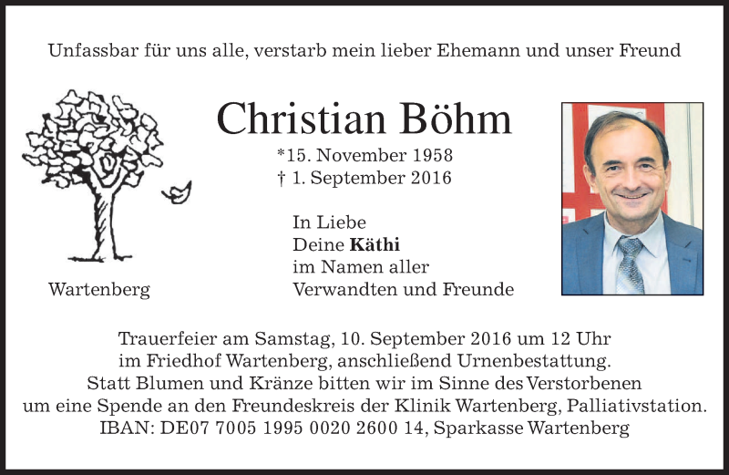  Traueranzeige für Christian Böhm vom 07.09.2016 aus merkurtz
