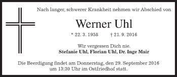 Traueranzeige von Werner Uhl von merkurtz