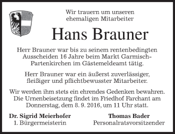 Traueranzeige von Hans Brauner von merkurtz