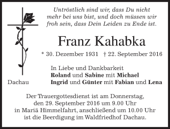 Traueranzeige von Franz Kahabka von merkurtz