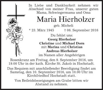 Traueranzeige von Maria Hierholzer von merkurtz