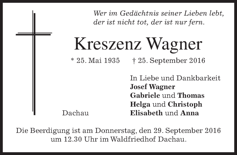  Traueranzeige für Kreszenz Wagner vom 27.09.2016 aus merkurtz